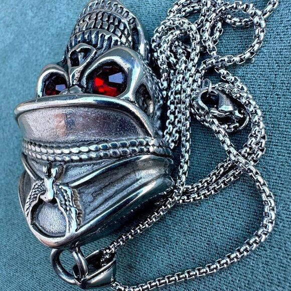 Men's Bold Skull Pendant Necklace with Red Eyes - 24" Stainless Steel Chain - Picture 13 of 17